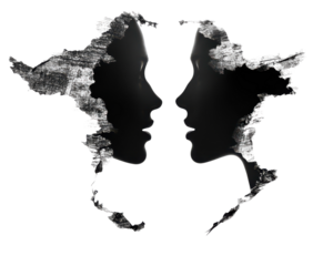 Abstract silhouette faces merging, expressing emotion and connection.