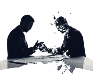 Business meeting with two figures engaging in discussion, abstract representation