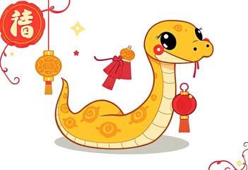 Obraz premium Chinese Snake Cartoon - Illustration Of A Snake - Snake With A Smile - Snake With Ornament Chinese - Red Lantern - Chinese New Year Shio Snake - Shio Ular 