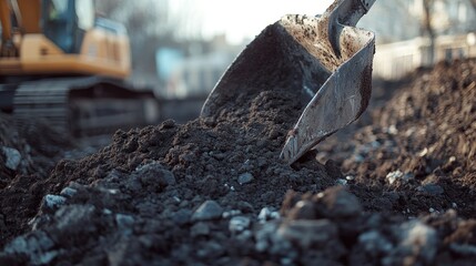 Excavator Scoop Full of Dark Soil, Construction Site