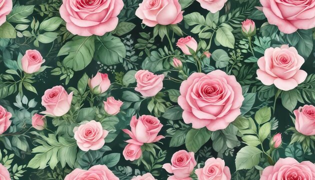 Whimsical watercolor pink roses and leafy greens seamless pattern, bright green, vintage feel, textile design