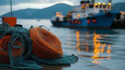 Scenic Village Shore with Stacked Nets and Soft Lighting