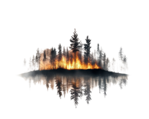 Forest on fire with reflection in water, dramatic and intense nature scene.