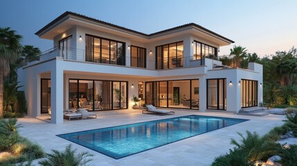 Modern villa with pool and lush landscaping.