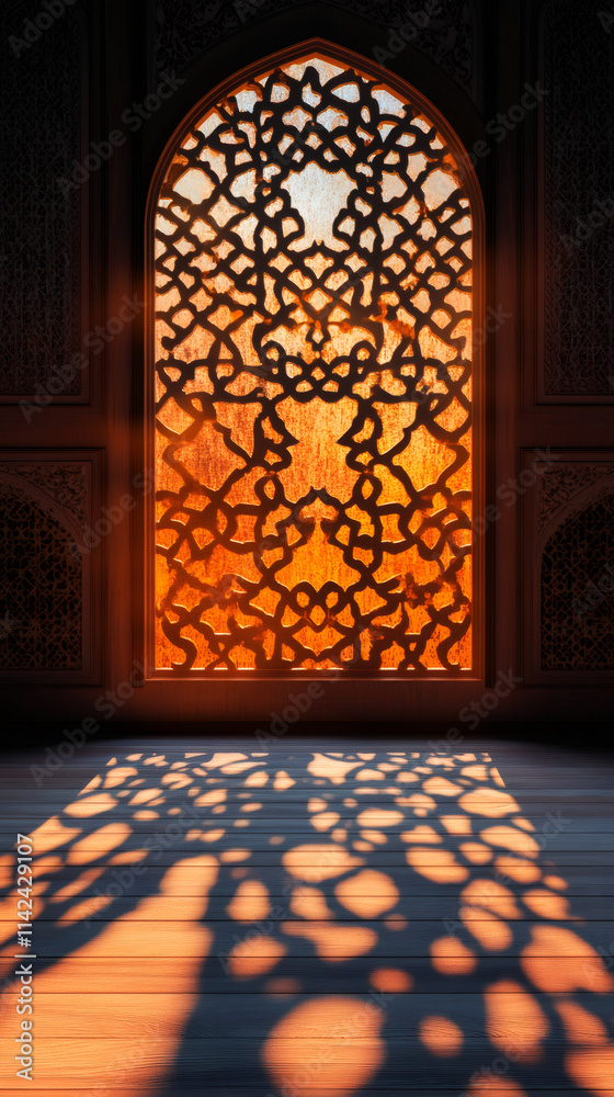 Poster during ramadan, the mosque's arabesque window lets in golden sunlight, creating intricate shadows on