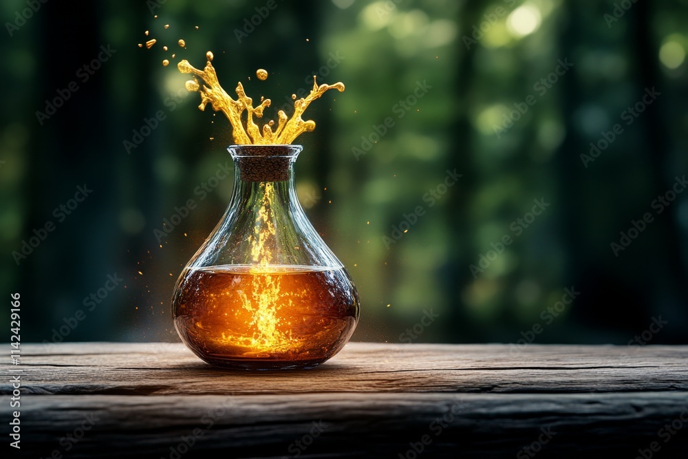 Poster a magical funnel glowing with mystical light, transferring a sparkling potion into an enchanted bott