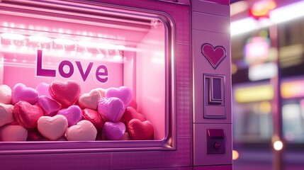 A claw machine with Love written on the front, featuring heart-shaped candies inside.