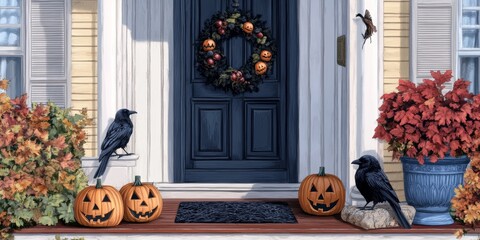 Obraz premium Festive Autumn Porch with Pumpkins, Crows, and Harvest Wreath for Halloween