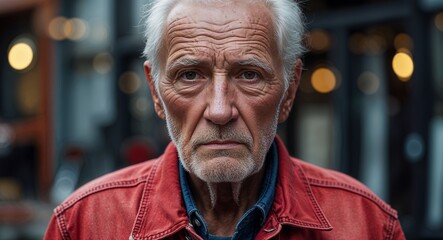 Obraz premium Caucasian elderly man serious wearing red denim jacket looking on camera