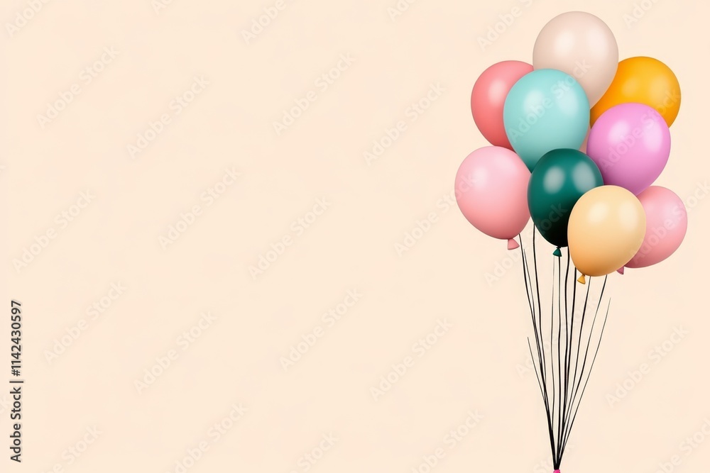 Poster a minimalist illustration of a group of balloons floating upward, drawn with simple, clean lines and