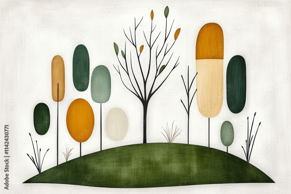 Poster a minimalist illustration of a single tree silhouette surrounded by clean geometric lines representi