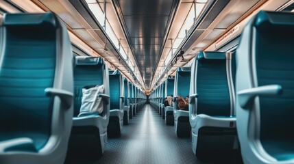 A high-speed train interior in economy class, with modern yet simple seating, overhead luggage racks, and ample legroom