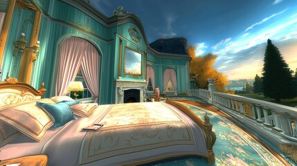 Luxurious Bedroom in a Majestic Mansion with Scenic Sunset Landscape Views