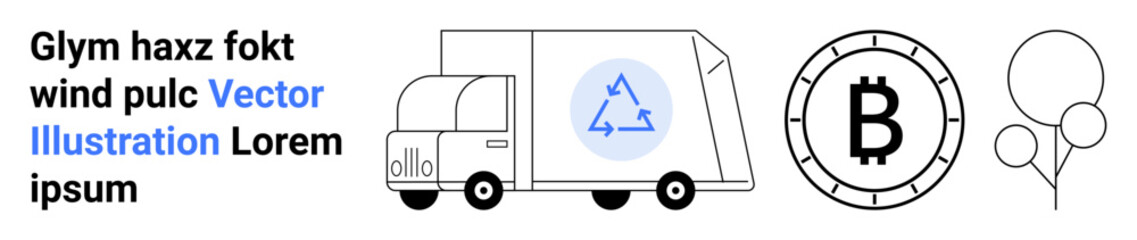 Eco-friendly recycle-symbol truck, Bitcoin cryptocurrency coin, and festive balloons. Ideal for sustainability, digital currency, celebrations, eco-conscious businesses, modern design, clean layouts