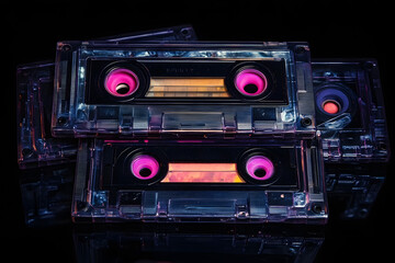 Fototapeta premium Old audio tape compact cassette on black background. Collection of retro cassette. Vintage pattern. 80s and 90s funky colorful design