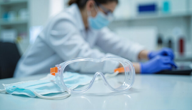 Safety goggles and face mask on lab counter with scientist in background, World Laboratory Day