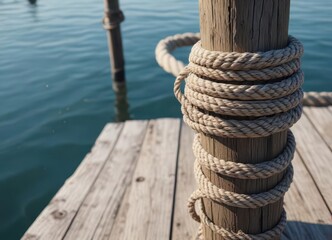Fototapeta premium Nautical mooring rope wrapped around dock post , tie-up, pier