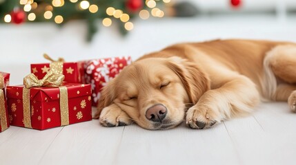 Golden Retriever dog sleeping on laminate floor with Christmas gifts, festive atmosphere.