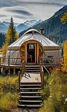 In the mountains, a white yurt with a backdrop of immature poplar trees
