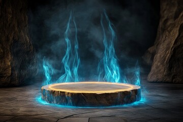 A mystical altar surrounded by glowing blue flames, casting an eerie light on nearby objects