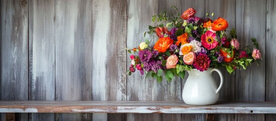 Vibrant flower arrangement in a rustic white jug on a weathered wooden shelf ideal for enhancing home decor and aesthetic interiors