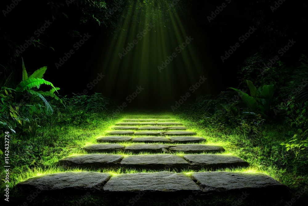 Poster a mystical scene of glowing footprints leading through an enchanted forest, with light beams radiati