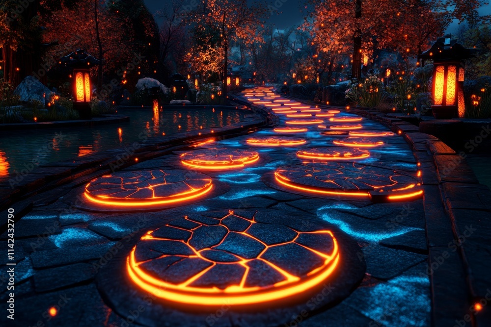 Poster a mystical scene of glowing footprints leading through an enchanted forest, with light beams radiati