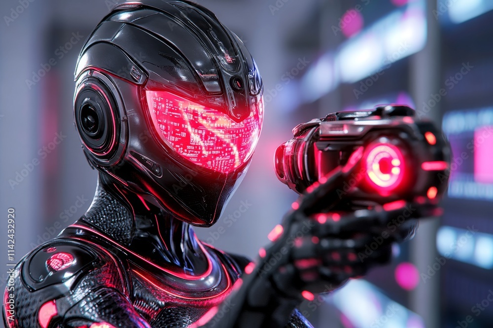 Poster A neon-lit cyberpunk figure adjusting a glowing lens on a futuristic device, surrounded by holographic screens displaying data streams