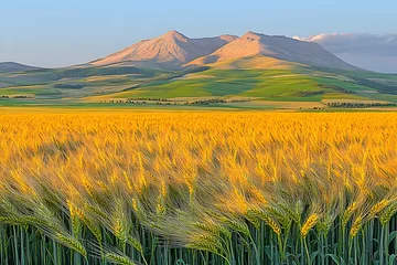 Fotobehang Golden Wheat Field, Mountain Landscape, Sunset, Algeria, Agriculture. © Nadiyah