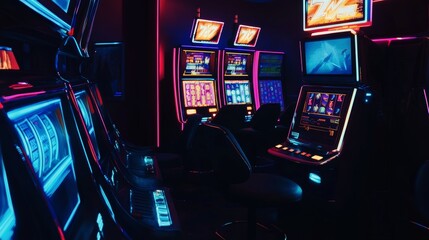 Fototapeta premium Neon Arcade Ambiance Captured in Modern Slot Machine Room