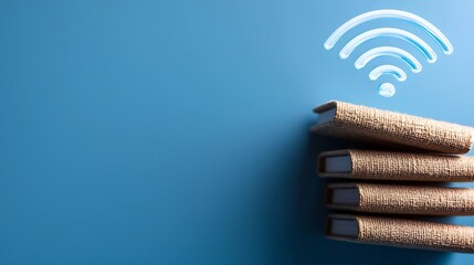 Book Merging with Wi Fi Signal for Connected Learning Environments on Pastel Blue Background