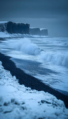 Icelandic winter beach, waves crashing against snowy shore, dramatic cliffs background, travel photography.