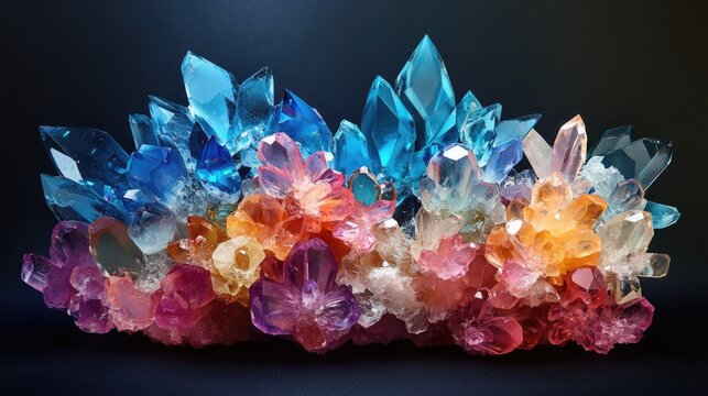 Vibrant mineral cluster featuring calcite quartz and chalcedony in an array of colors against a dark background