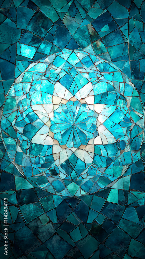 Poster exquisite turquoise mosaic tiles creating a mesmerizing circular design, perfect for ramadan decor a