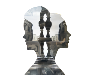 Silhouette of two profiles with a reflective urban background, artistic composition.