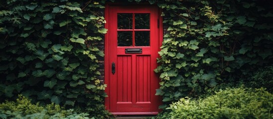 Obraz premium Charming vintage red door framed by lush greenery ideal for rustic home decor and inviting garden aesthetics