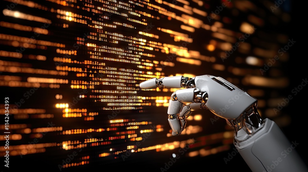 Poster Futuristic Robot Hand Touching Digital Interface with Binary Code