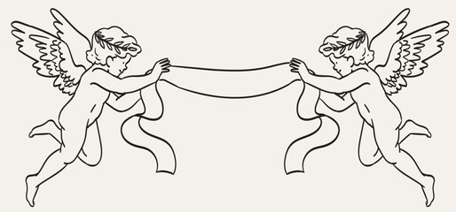 Retro angel baby cupids illustration for the Valentine's Day or wedding. Vector illustration of flying cherub holding ribbon. Romantic messenger concept for invitation or postcard in doodle style.