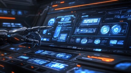 Obraz premium Futuristic Control Panel with Robotic Hands and Interactive Screens