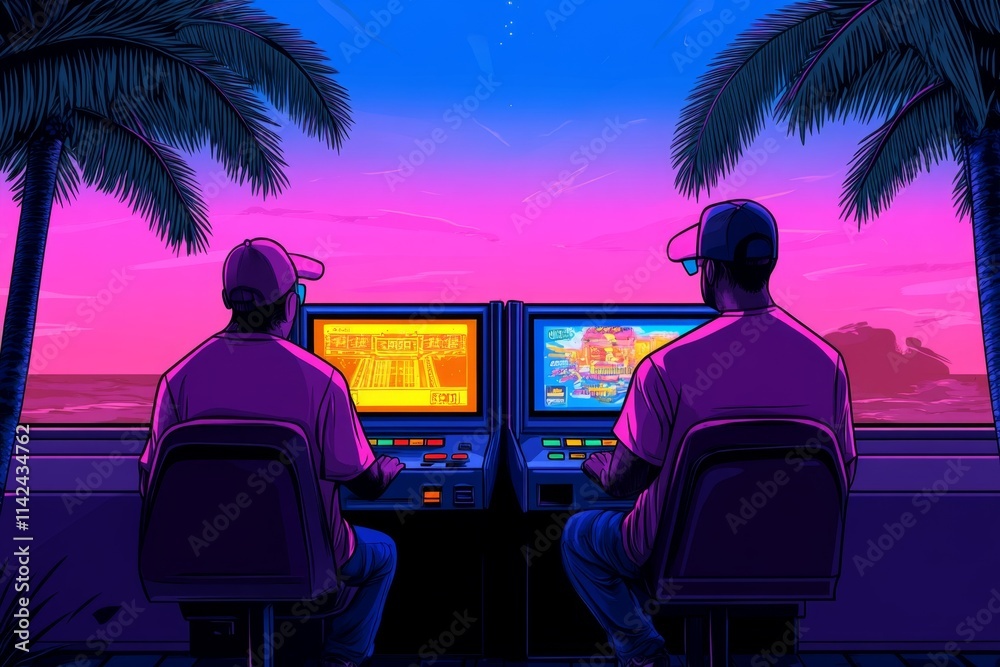 Poster A pixel art scene of a retro arcade, with characters playing colorful games and animated lights creating a lively environment