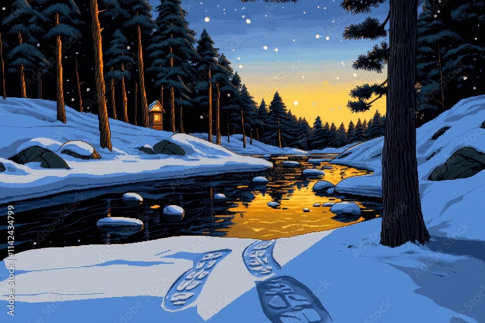 Poster A pixel art scene of footprints forming a trail through a snowy landscape, with animated snowflakes falling softly in a retro game style
