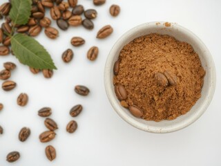 Roasted coffee beans and freshly ground coffee powder in a bowl, rich,gourmet,blend