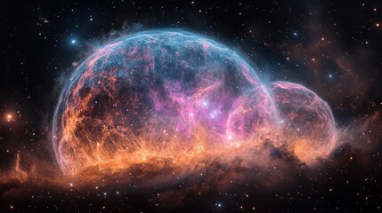 Obraz premium Cosmic bubbles of gas and dust in vibrant colors against a star-filled backdrop.