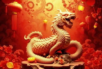 Obraz premium Chinese New Year Dragon Statue - Snake Statue - Chinese Perfect Background - Perfect Any Project