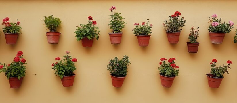 Charming flower pots arranged on a wall adding beauty to home decor and enhancing outdoor aesthetics in a vibrant setting
