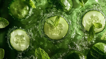 Fresh cucumber slices with mint in water.