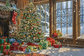 Christmas Living Room with Snow View and Decorated  Christmas Tree