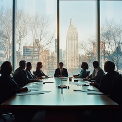 Fototapeta premium a diverse group of business people meeting around a conference table in front of large windows