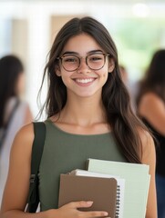 A girl wearing glasses is smiling and holding a stack of books