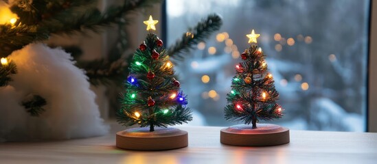 Cozy miniature Christmas trees with colorful lights creating a warm festive ambiance for winter holiday celebrations